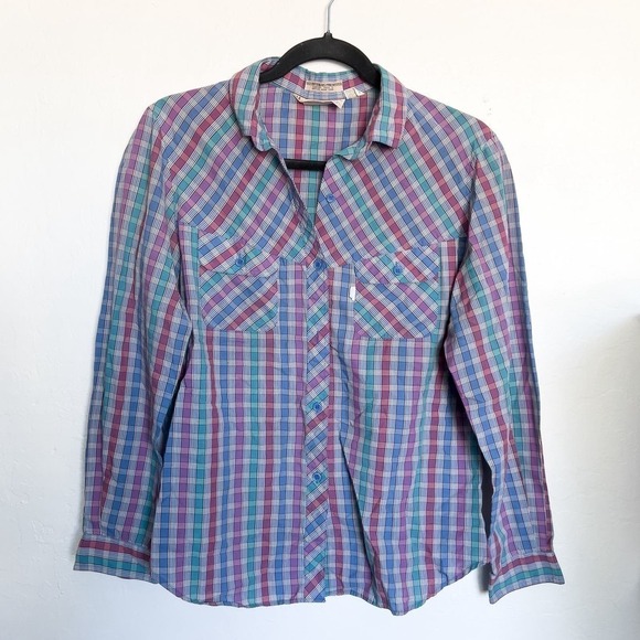 VIntage Levis Plaid Western Button Short Womens 14 Large Blue Purple 80s Cowgirl - Picture 1 of 5